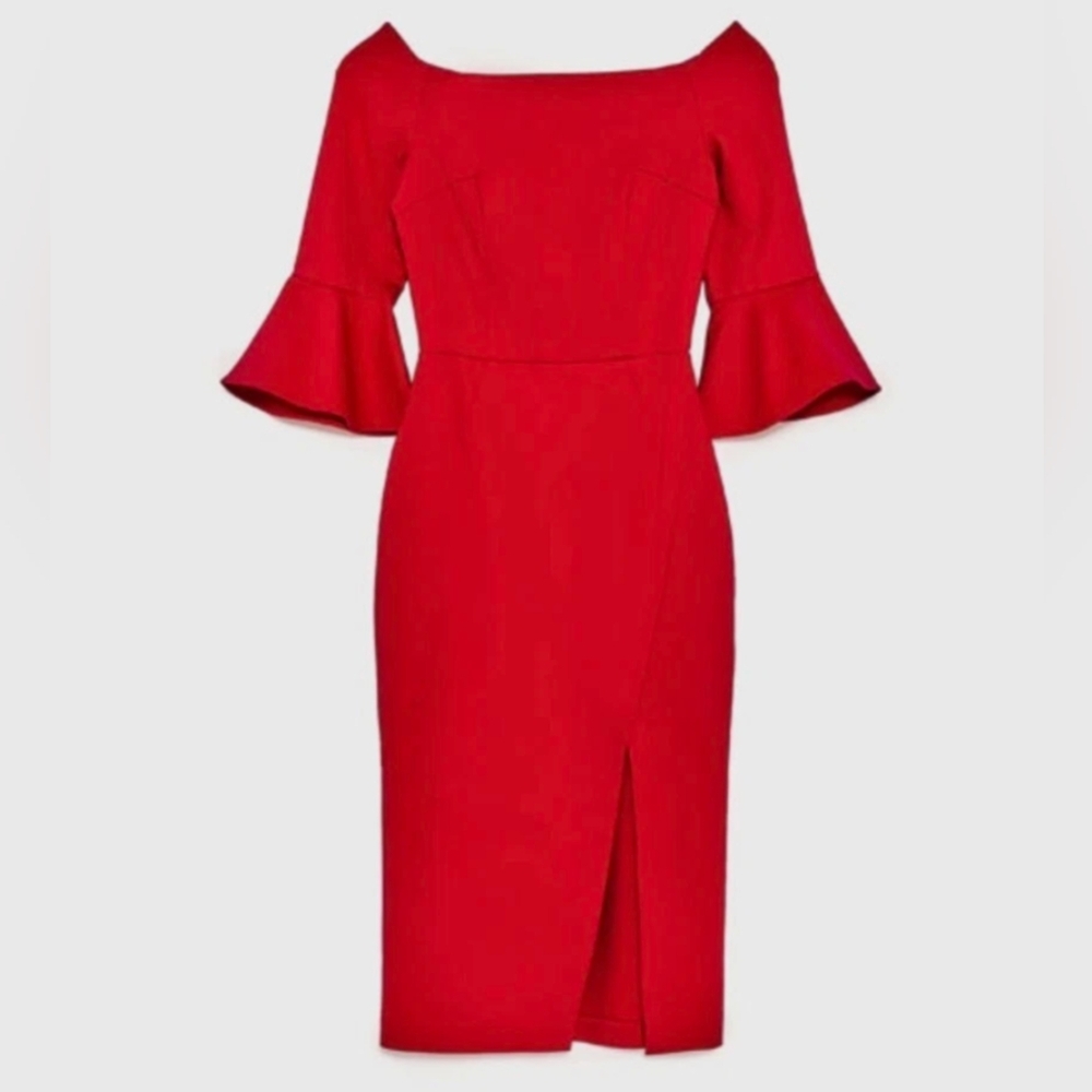 Zara Simple Red Off The Shoulder Pencil Dress with Bell Sleeves Size XS NEW!